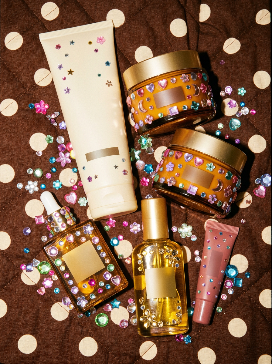 Honey-toned haircare products decorated with acrylic rhinestones