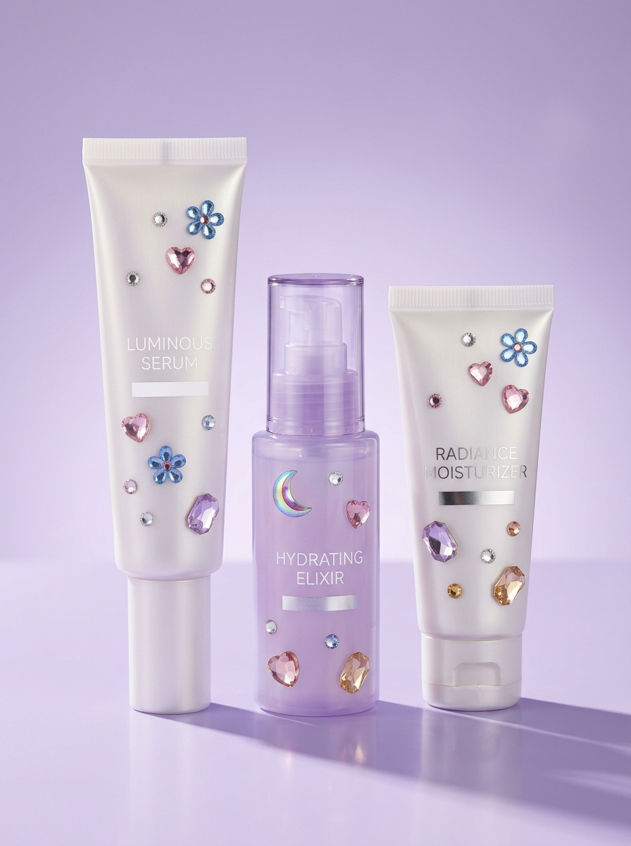 Minimal skincare packaging decorated with restrained colorful rhinestones