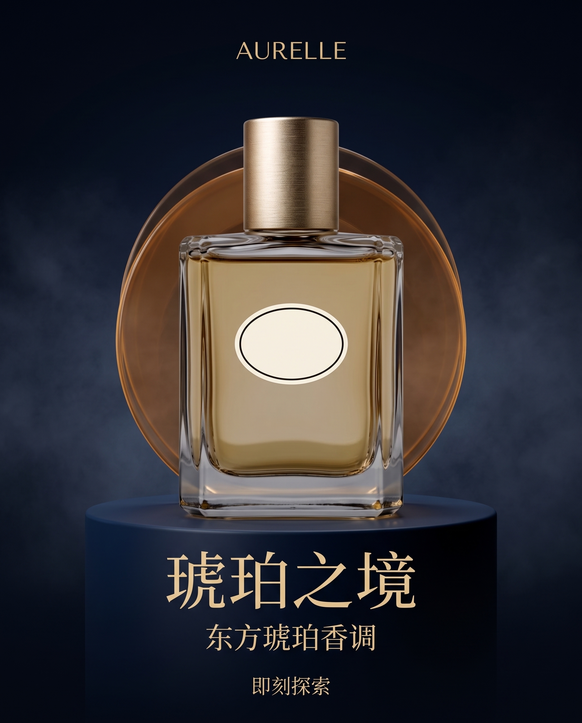 Chinese AURELLE perfume ecommerce poster with midnight-blue and amber-gold art direction