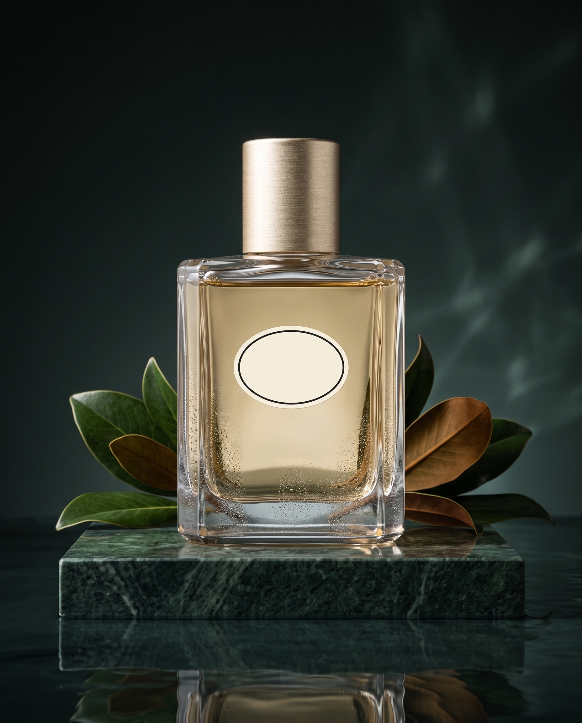 Perfume commercial photography on dark green stone with botanical leaves
