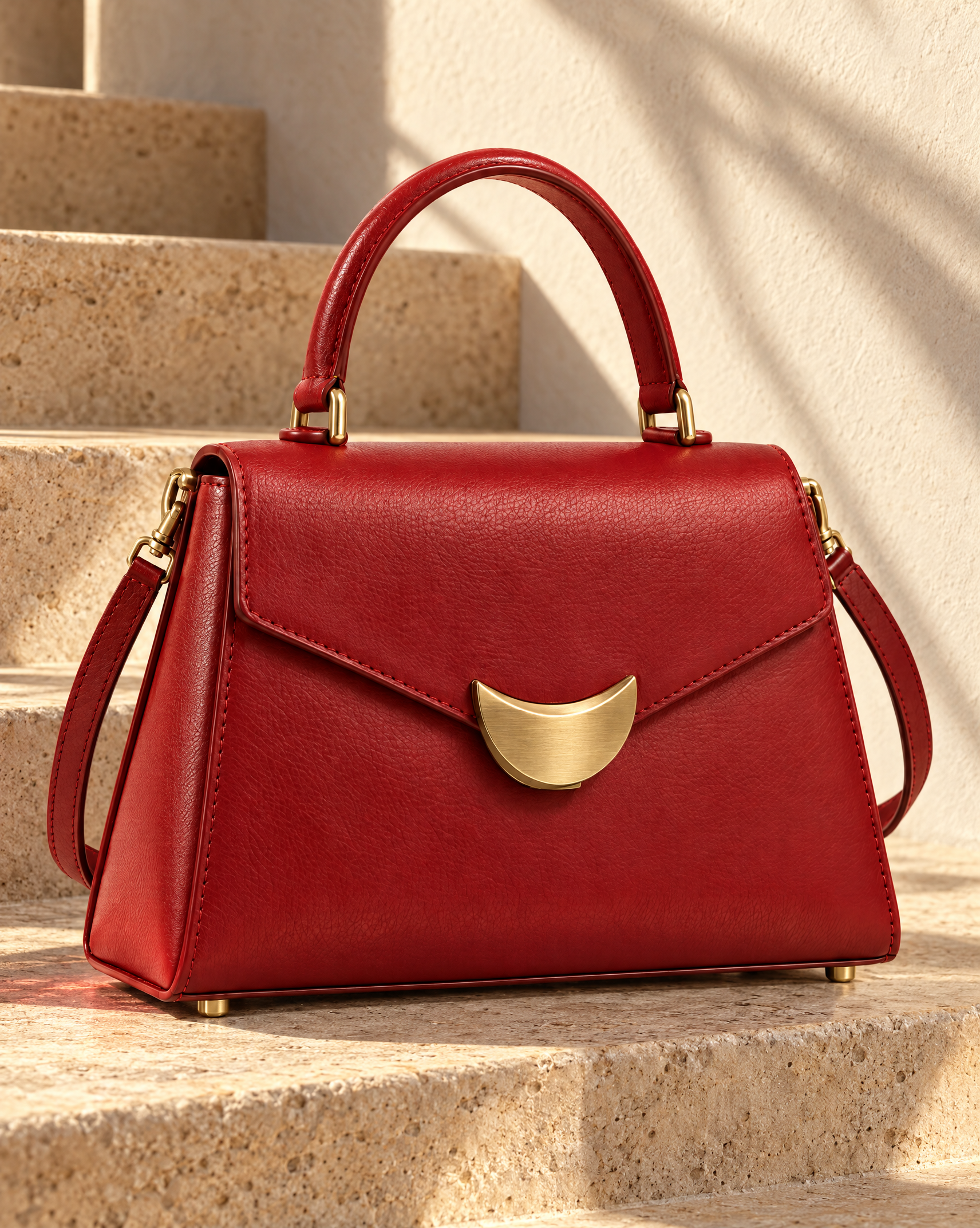 Cherry-red handbag photographed on warm ivory travertine steps
