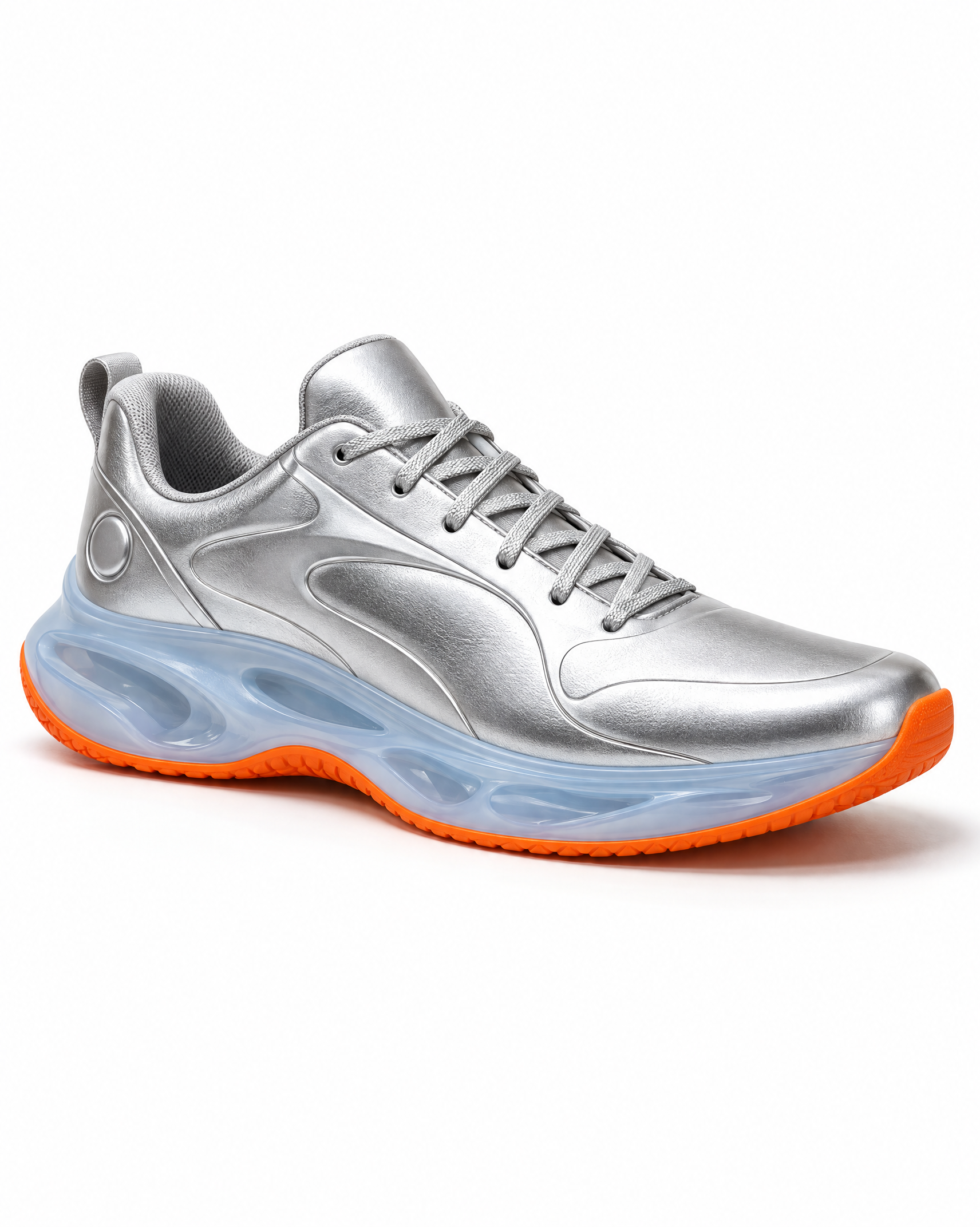 White-background packshot of a futuristic silver sneaker