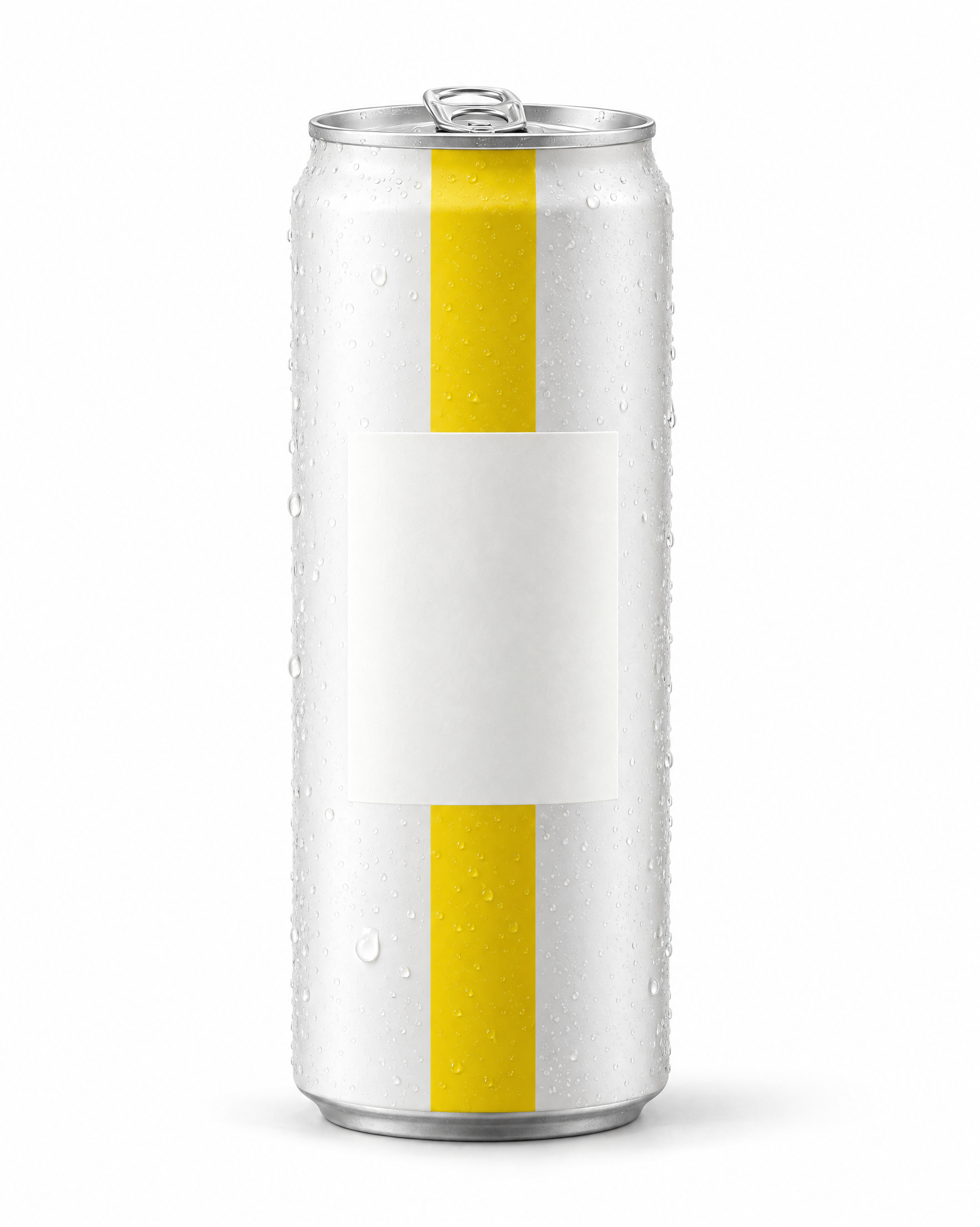 White-background packshot of a fictional pearl-white and yellow beverage can