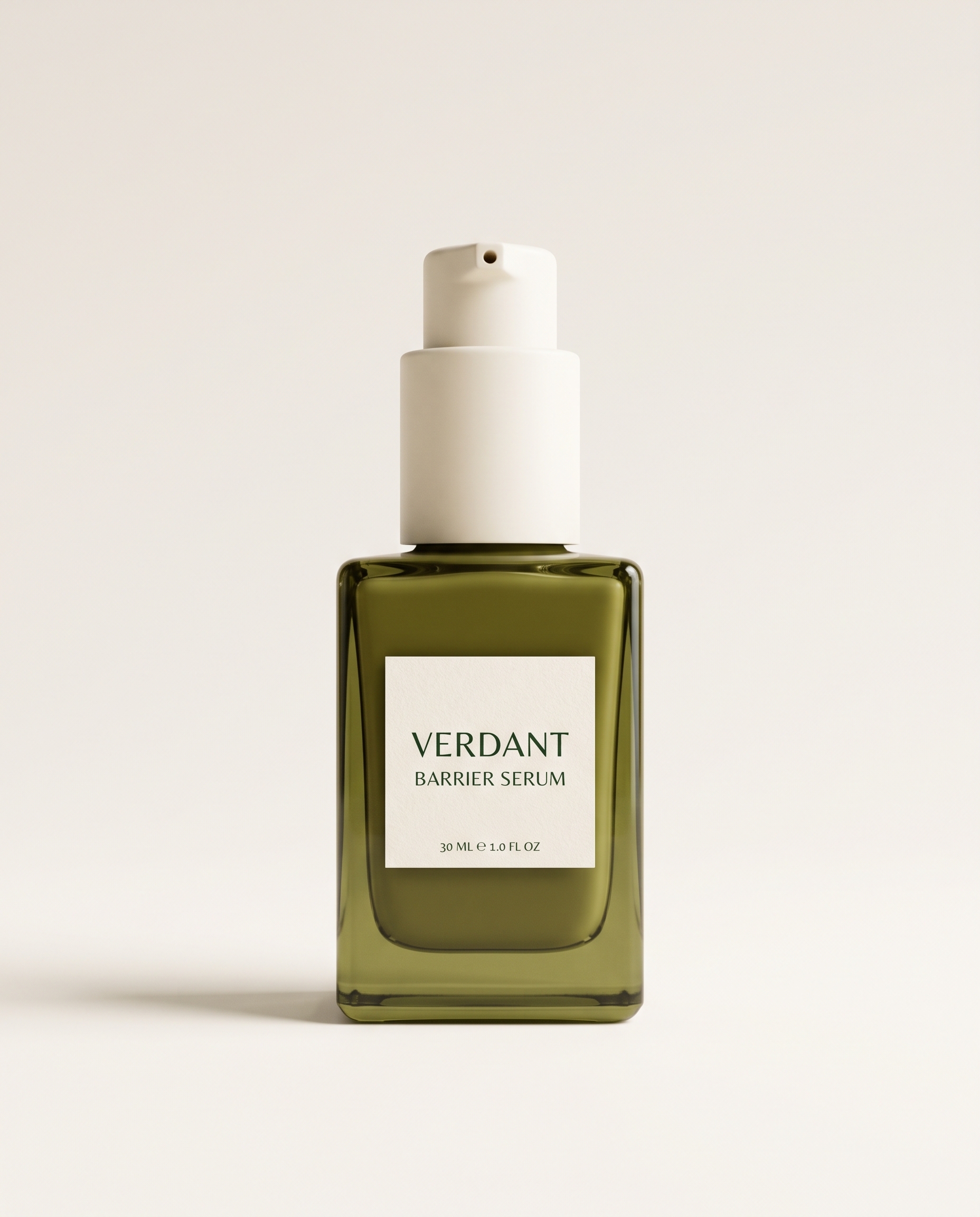 Clean olive-green serum bottle packshot