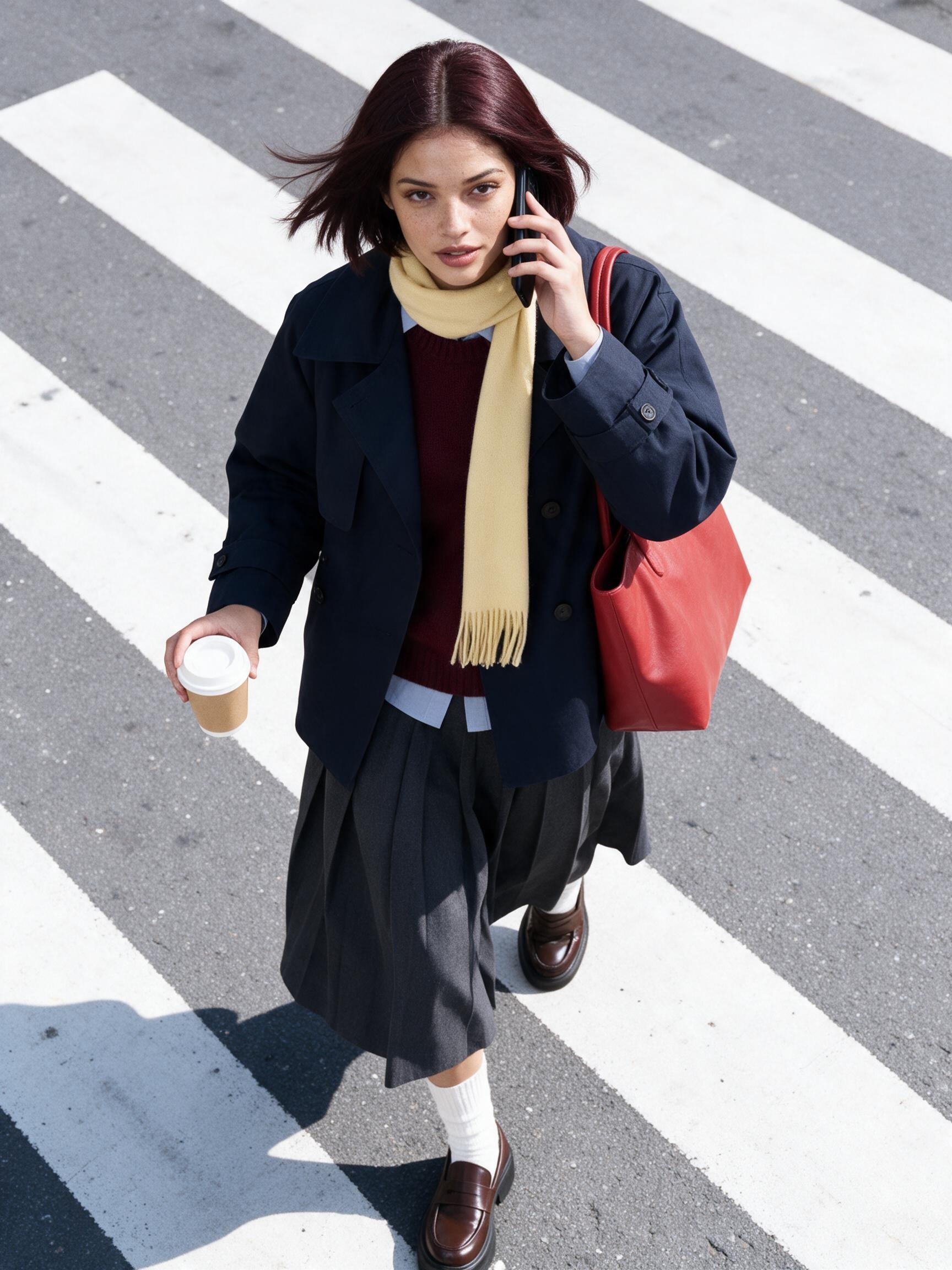 Model walking across a crosswalk with a phone and takeaway coffee