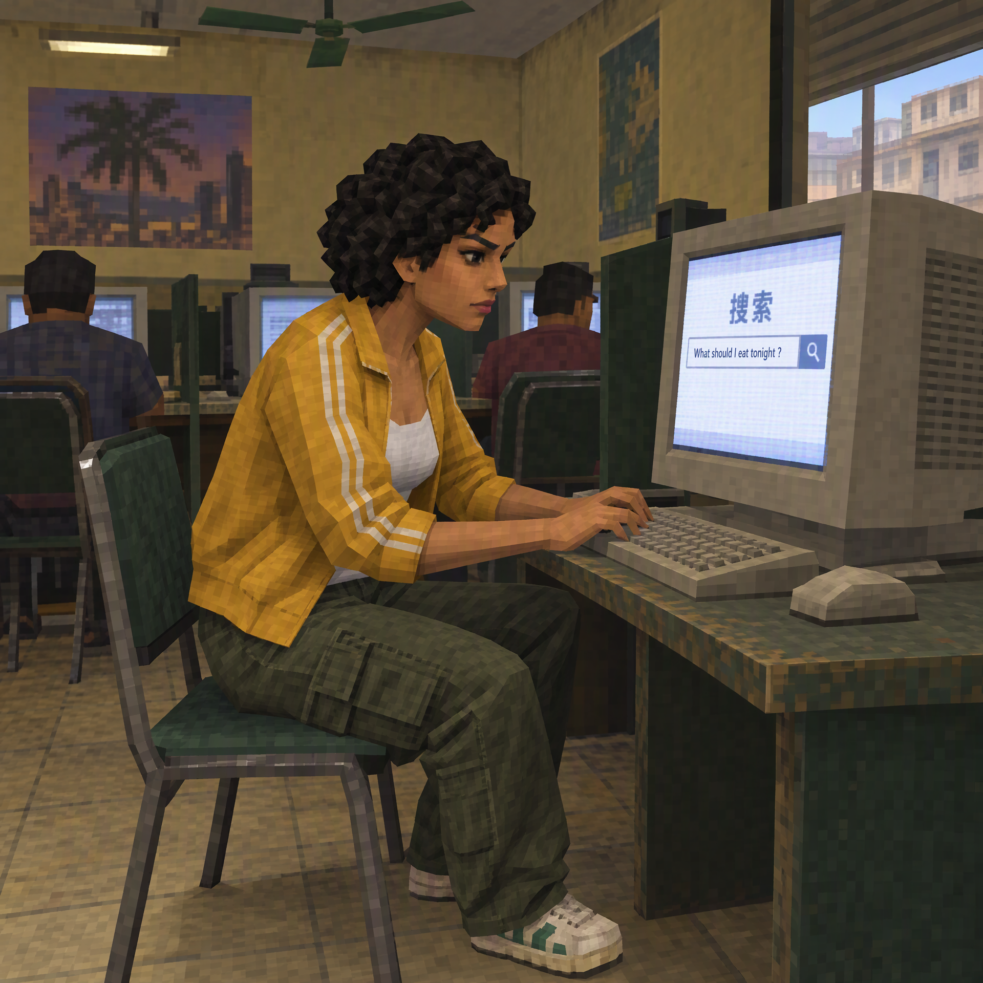 Character using an old computer with an English dinner search query