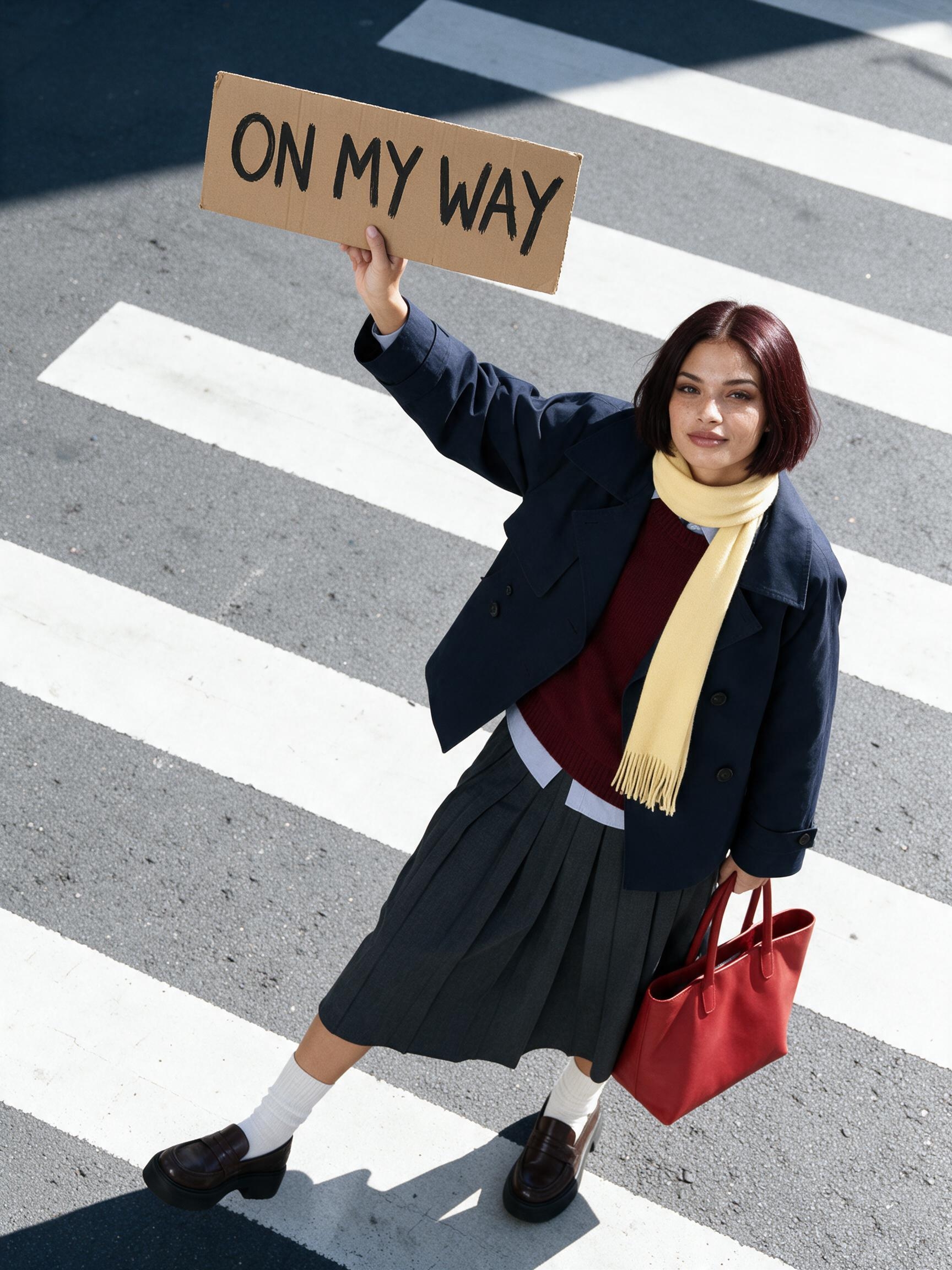 Model holding an ON MY WAY cardboard sign above a crosswalk
