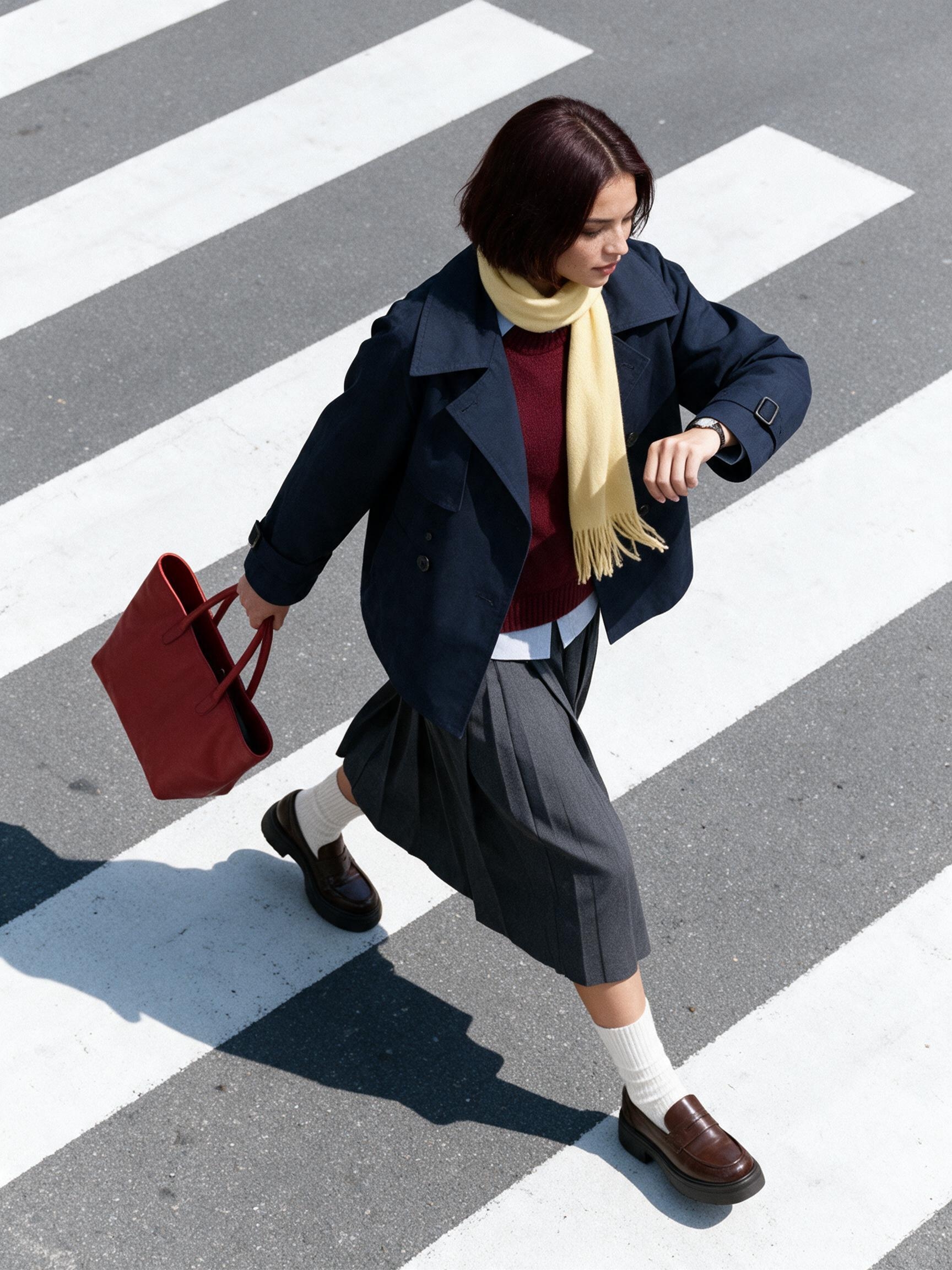 Model taking a long step while checking a wristwatch