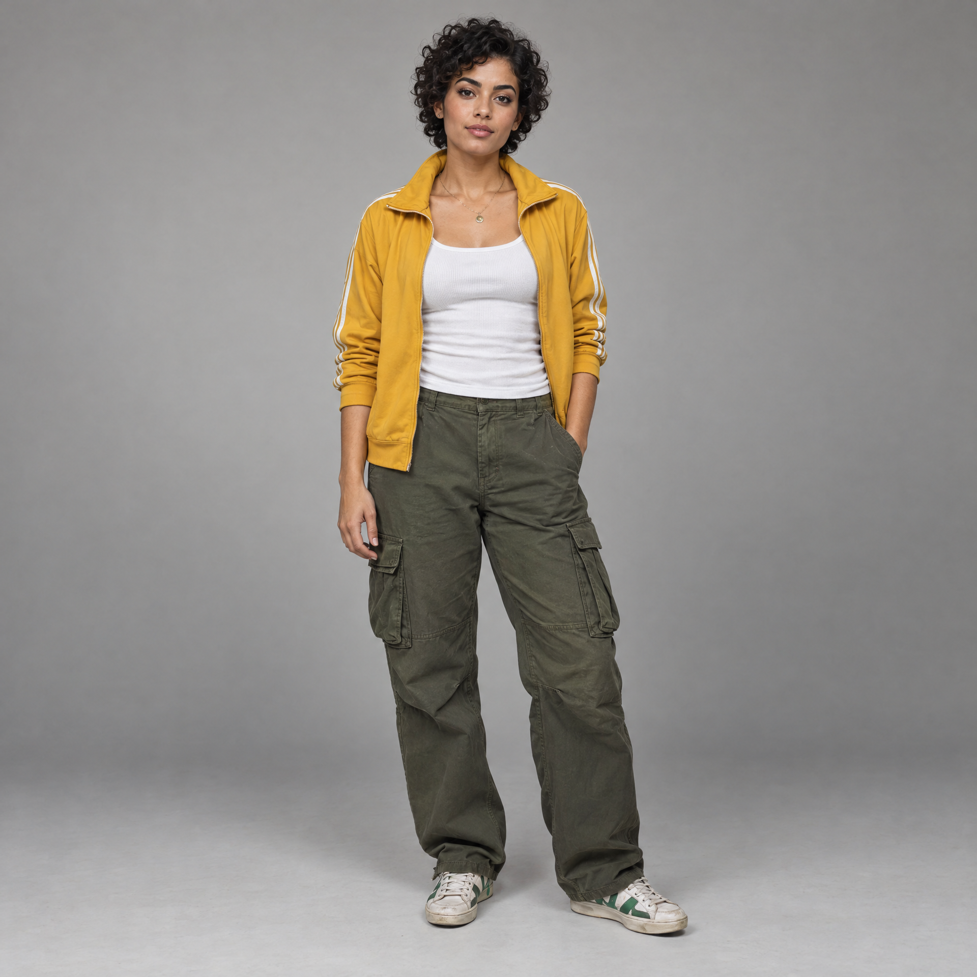 Original fictional character reference wearing a mustard track jacket and olive cargo trousers