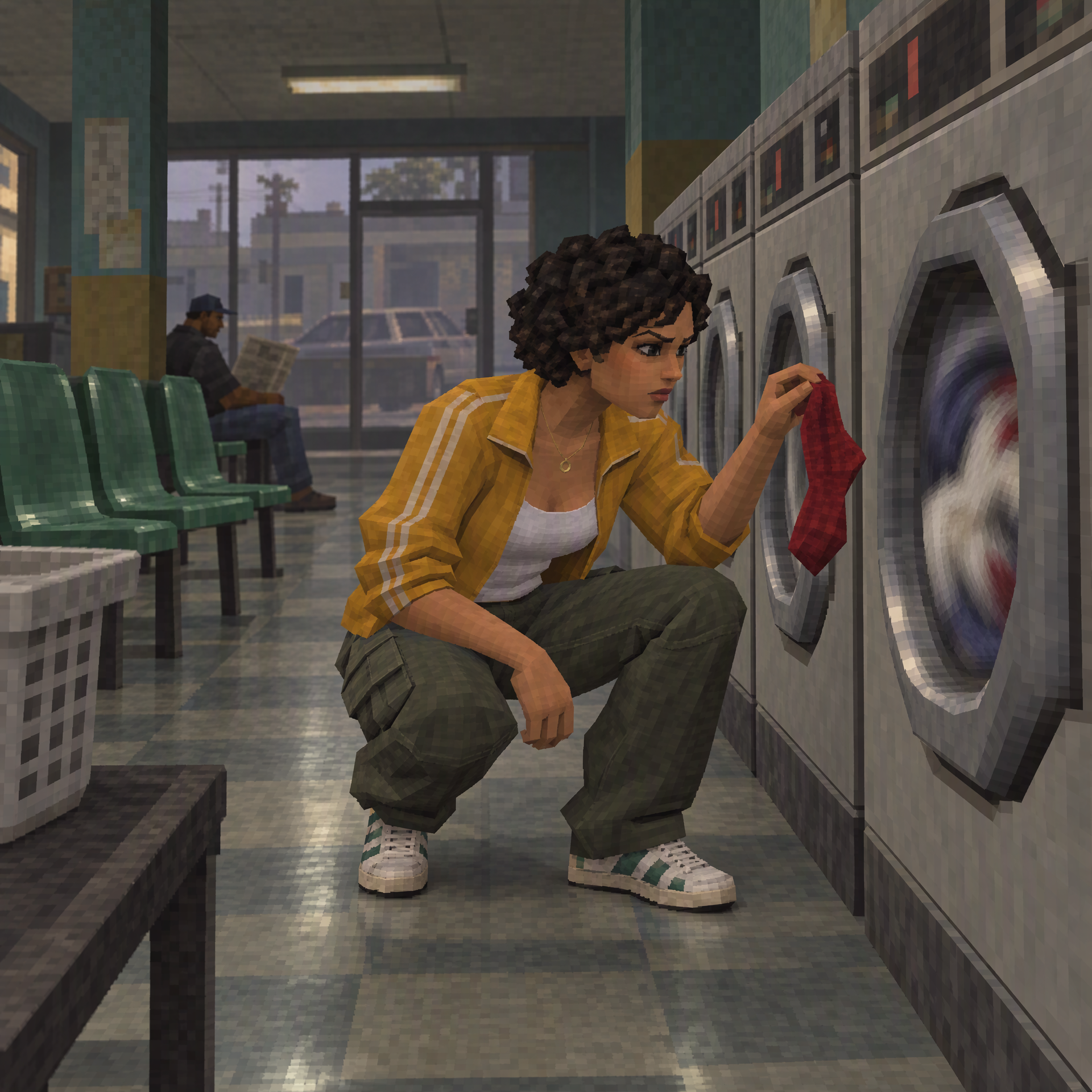 Character crouching beside a washer while holding a red sock