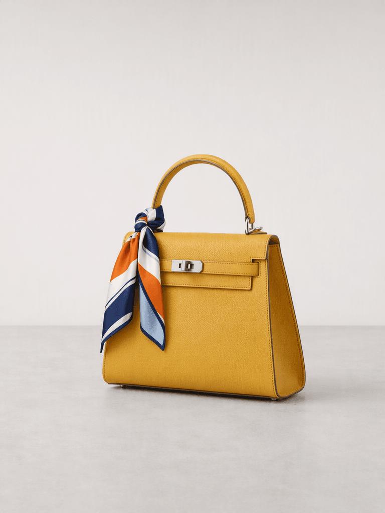 Reference-guided silk scarf added to yellow handbag
