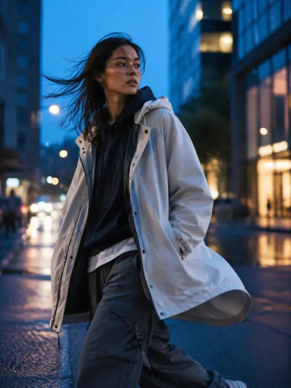 wind swept streetwear at blue hour
