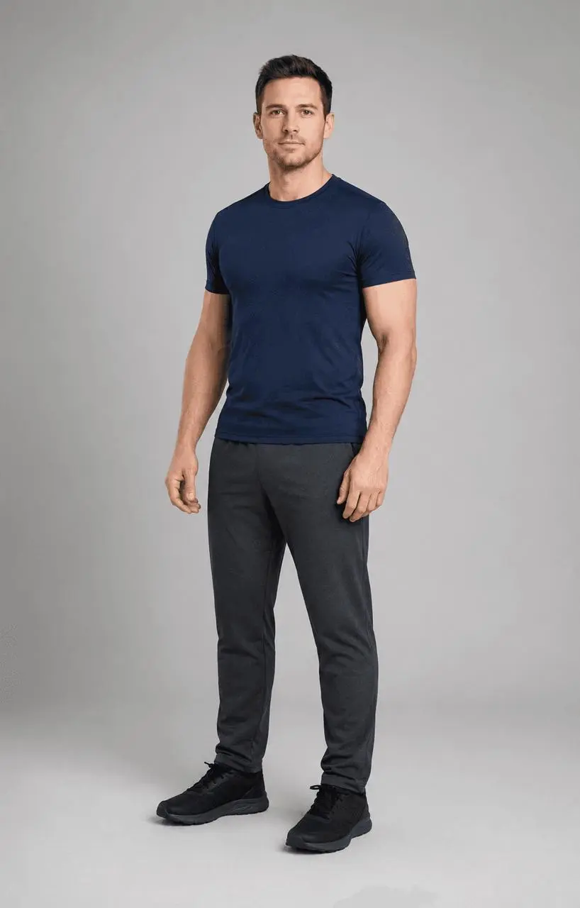 Fully clothed adult man before an AI fitness body expansion edit