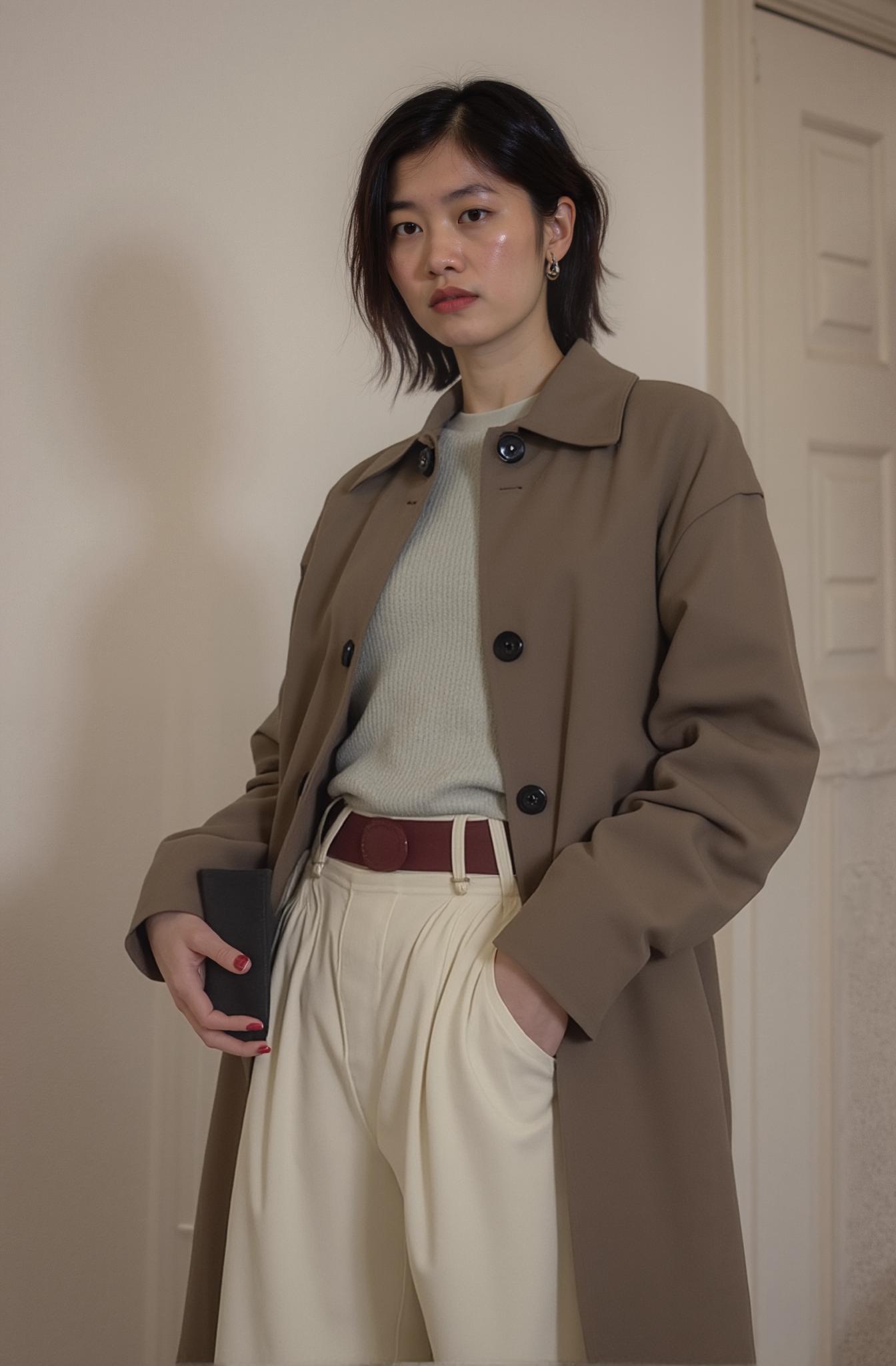A Stylish Woman Showcases A Chic Neutral-Toned Outfit In An Indoor Setting