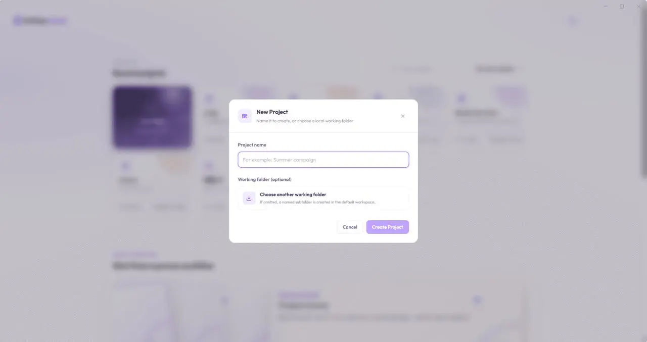 The Create Project screen in WeShop Canvas