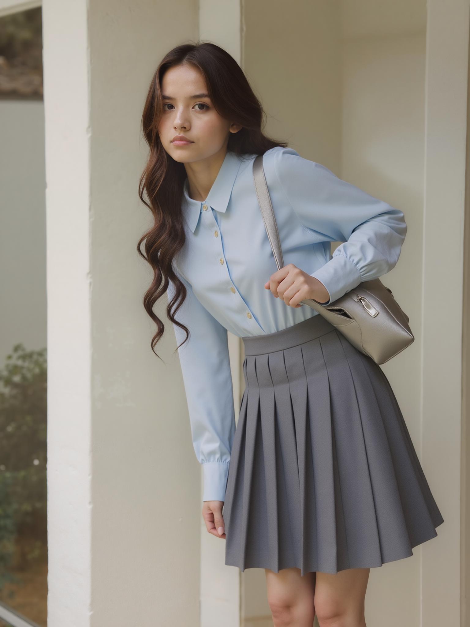 A Woman Dressed In A Light Blue Blouse And Gray Pleated Skirt Is Standing Near A White Wall Carrying A Beige Handbag