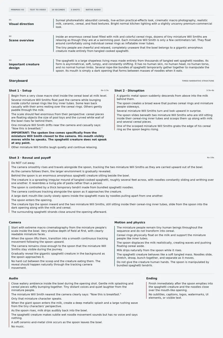 Complete MiniMax H3 prompt structure showing visual direction, creature design, timed storyboard, camera, physics, audio, and ending
