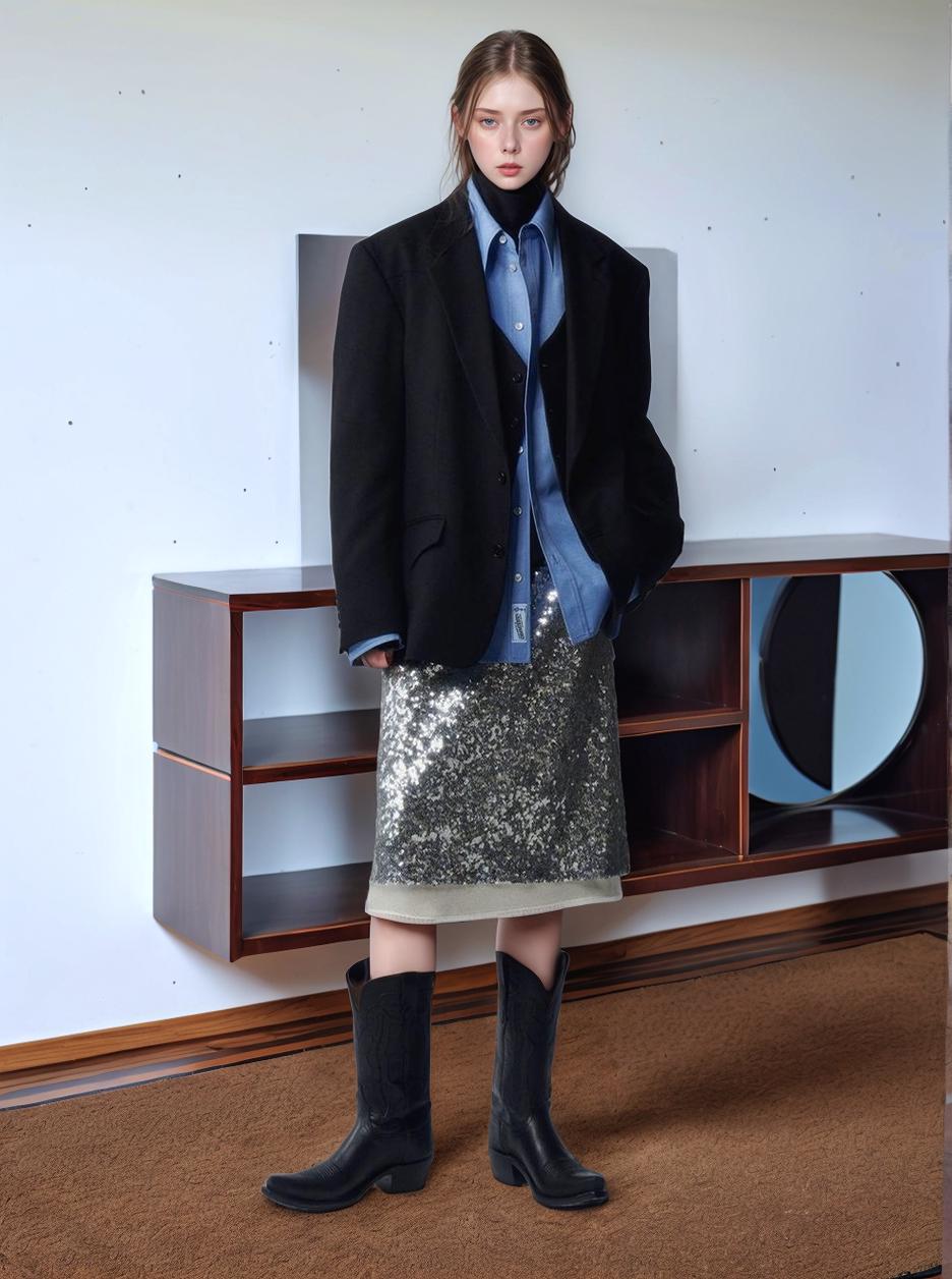 A Woman In A Stylish Outfit Featuring A Sequin Skirt Cowboy Boots And Layered Tops Poses In A Modern Minimalist Room