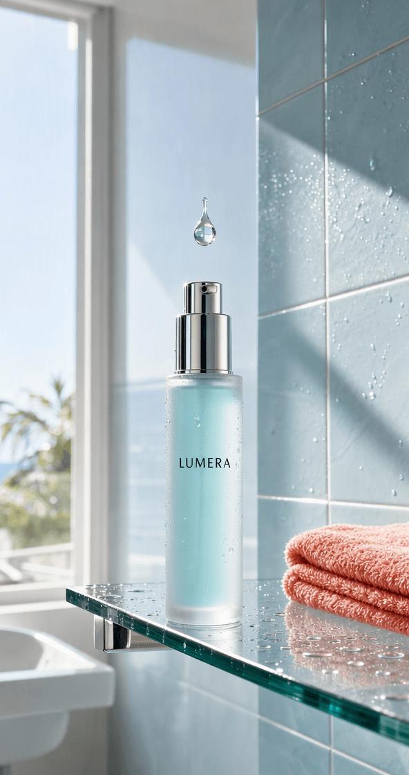 MiniMax H3 for Shopify skincare reference showing a frosted LUMERA bottle in a bright blue bathroom