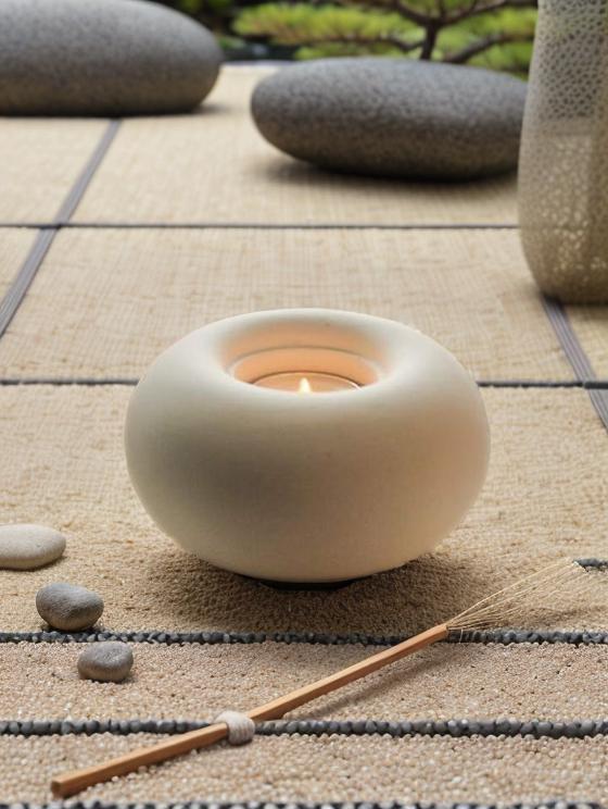 A Serene Candle Setup In A Zen Garden Setting Creating A Peaceful Ambiance