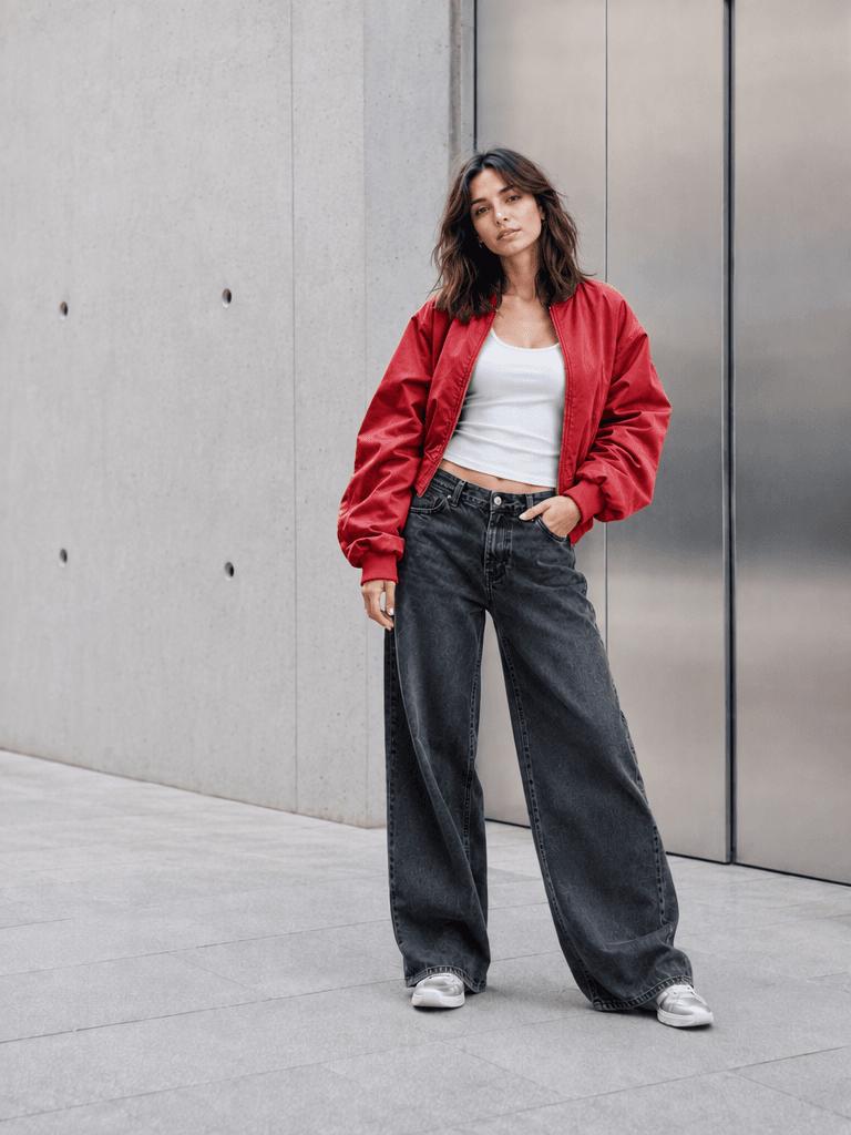 Cherry red bomber jacket recolored while preserving the portrait