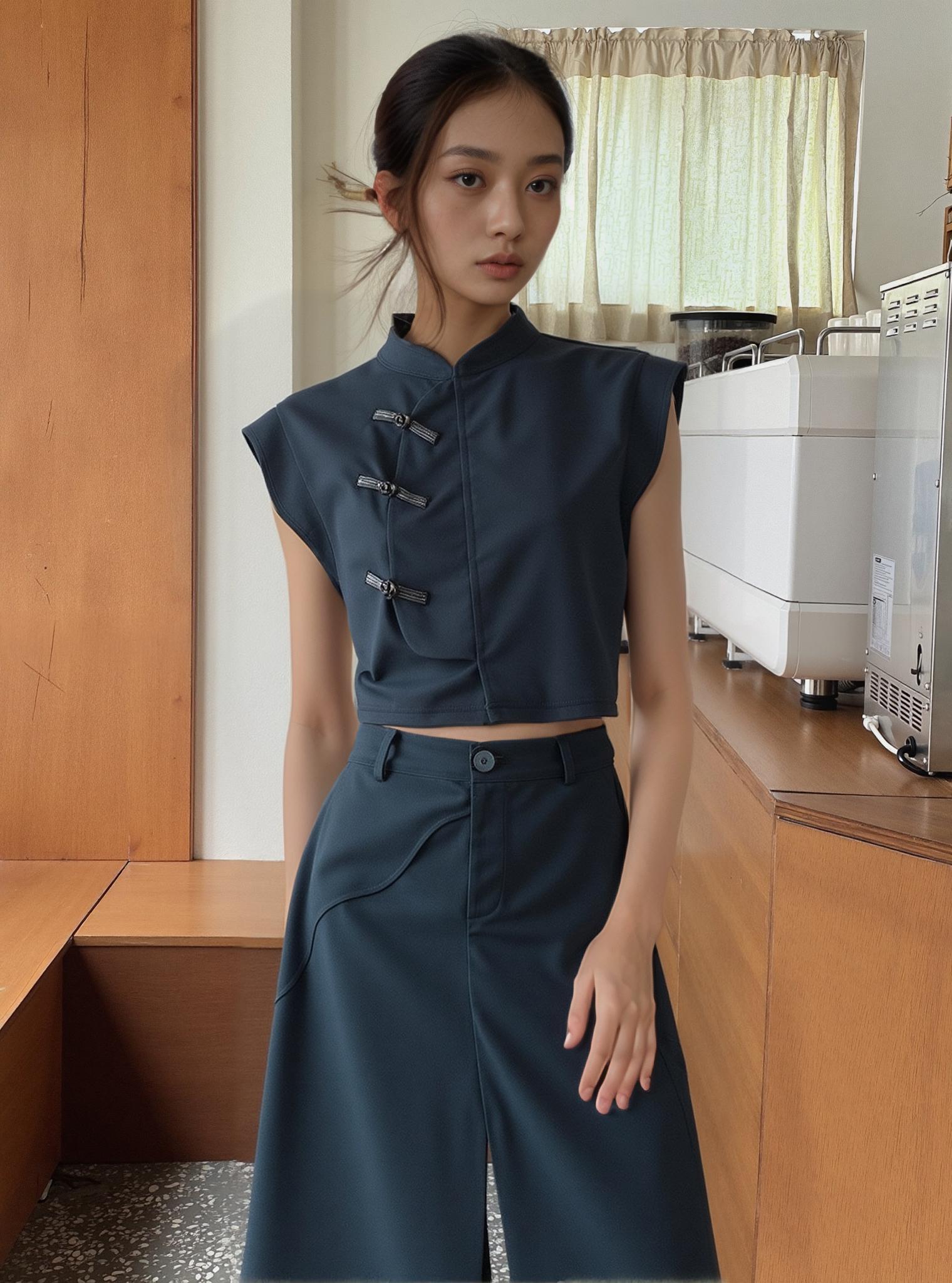 A Woman Stands In A Kitchen Showcasing A Modern Take On A Traditional-Style Outfit With Distinctive Button Details