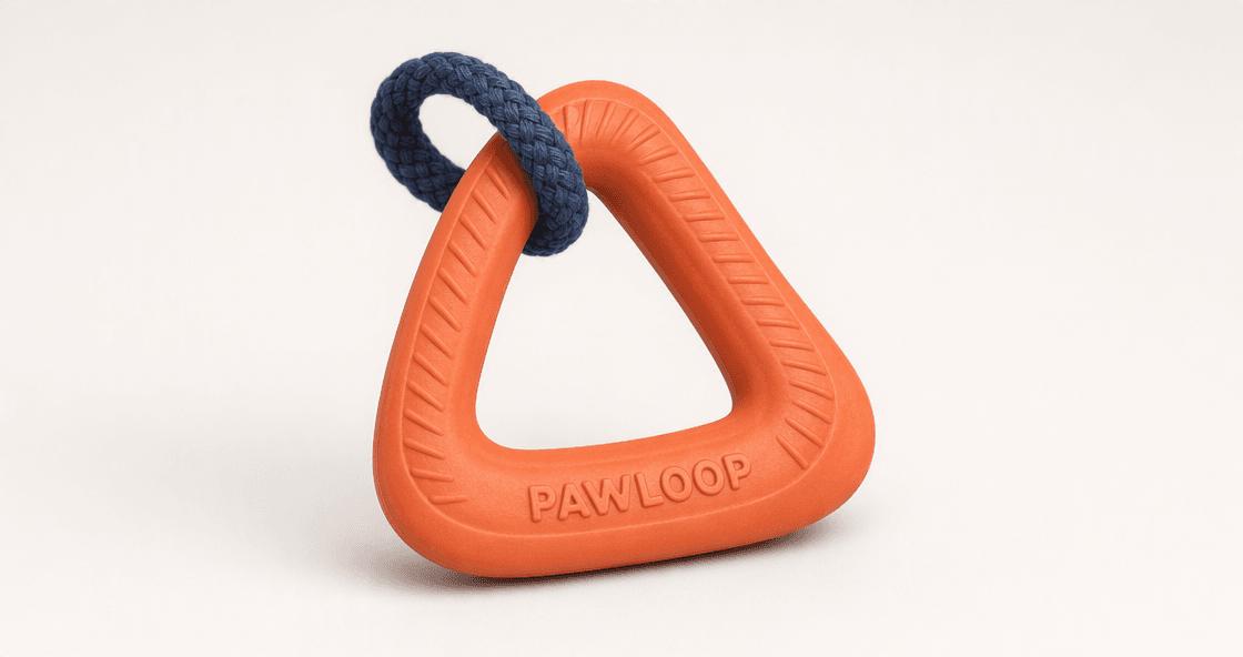 Coral PAWLOOP triangular dog toy with a navy rope reference for a MiniMax H3 product video