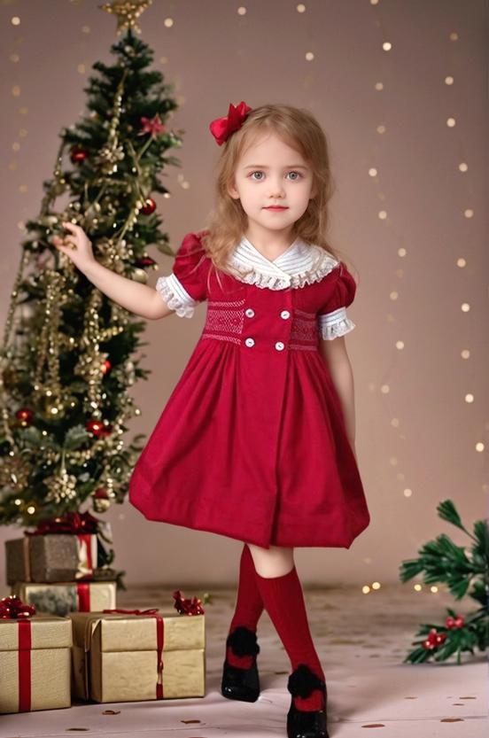 A Young Girl In A Festive Red Dress Poses In Front Of A Christmas Tree And Presents