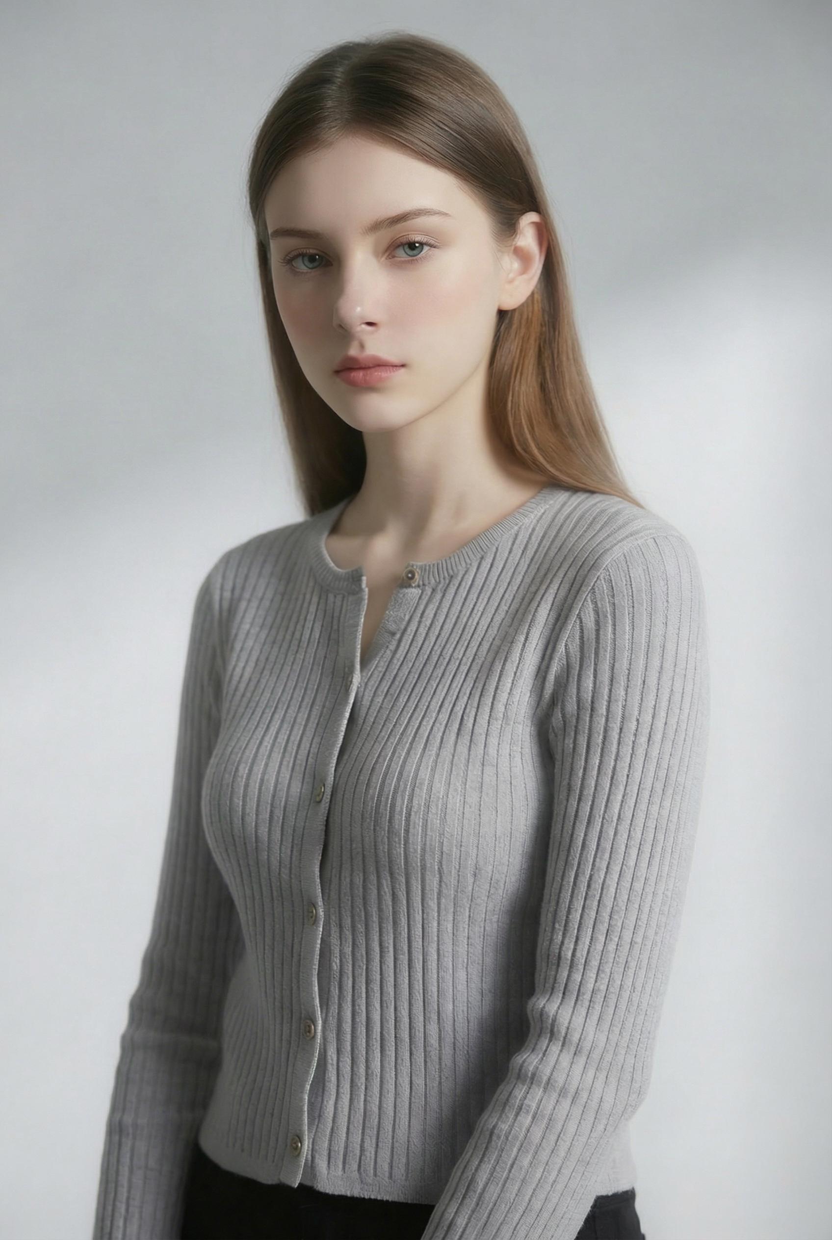 Woman in cardigan fashion photo after AI enhancement with visible knit texture by WeShop AI