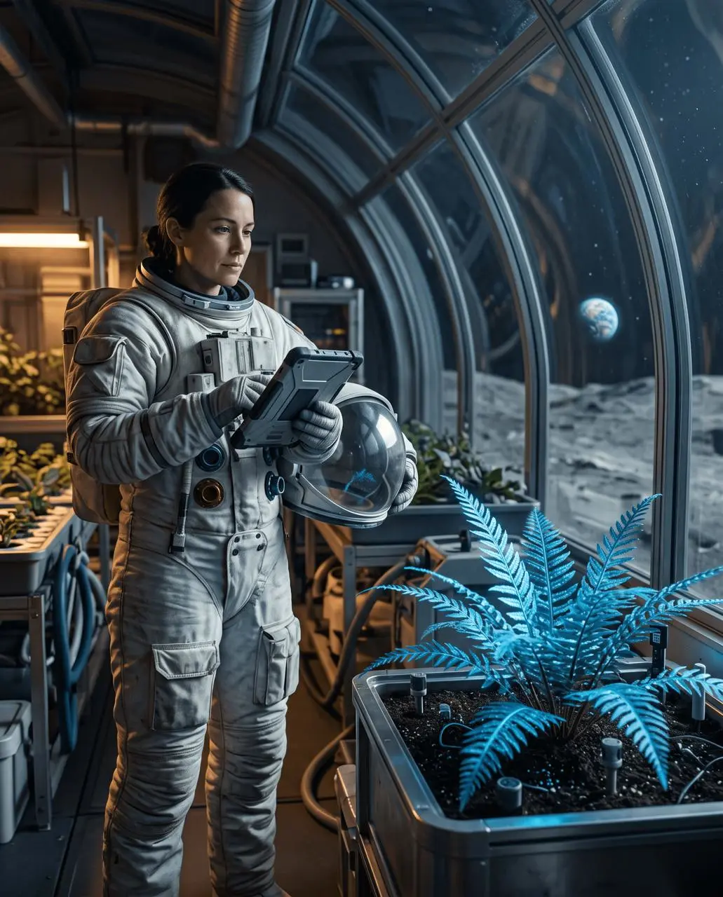 Nano Banana 2.1 portrait test of an astronaut botanist and blue fern inside a lunar greenhouse