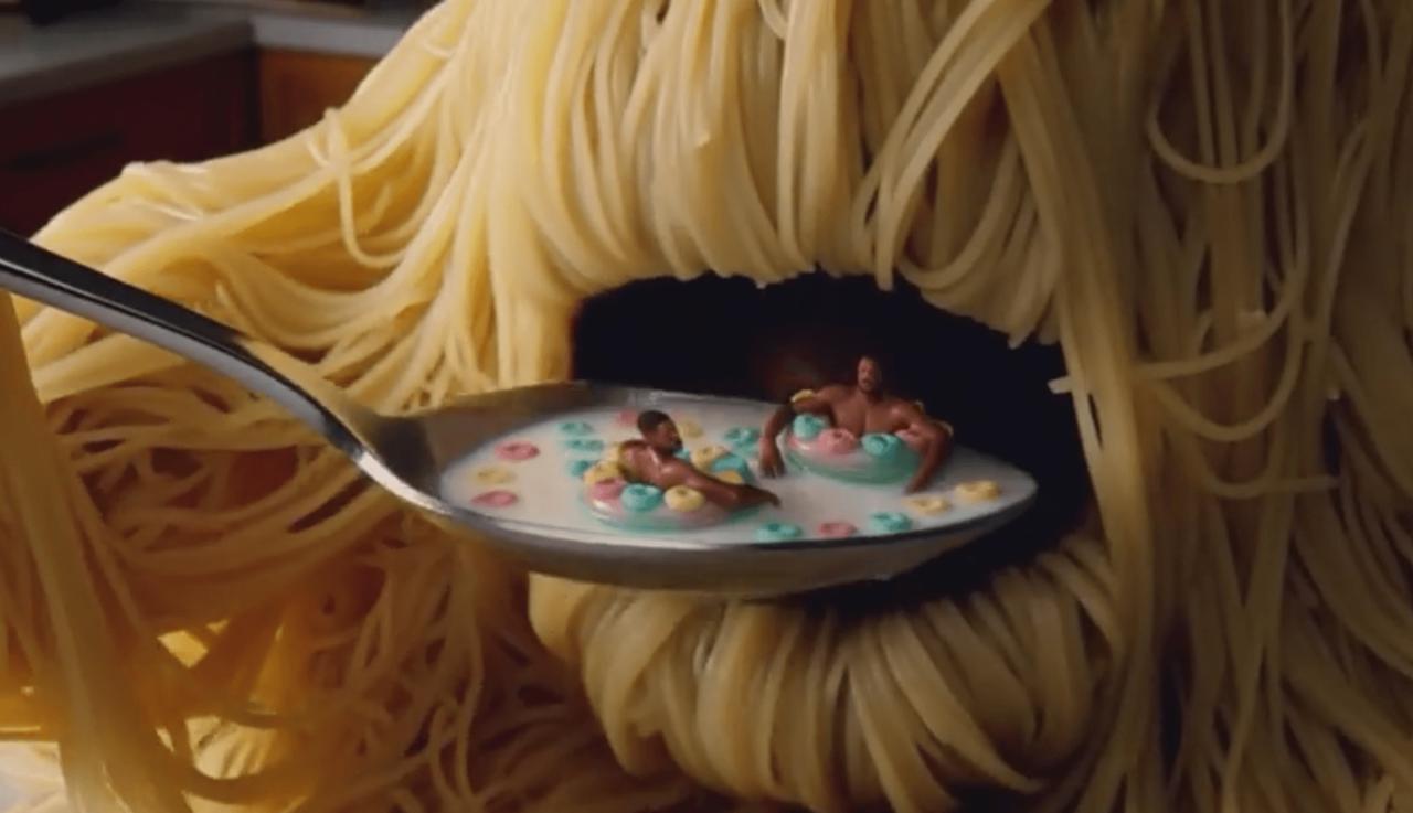 A giant spaghetti creature brings a spoon carrying two miniature Will Smith figures toward its dark mouth