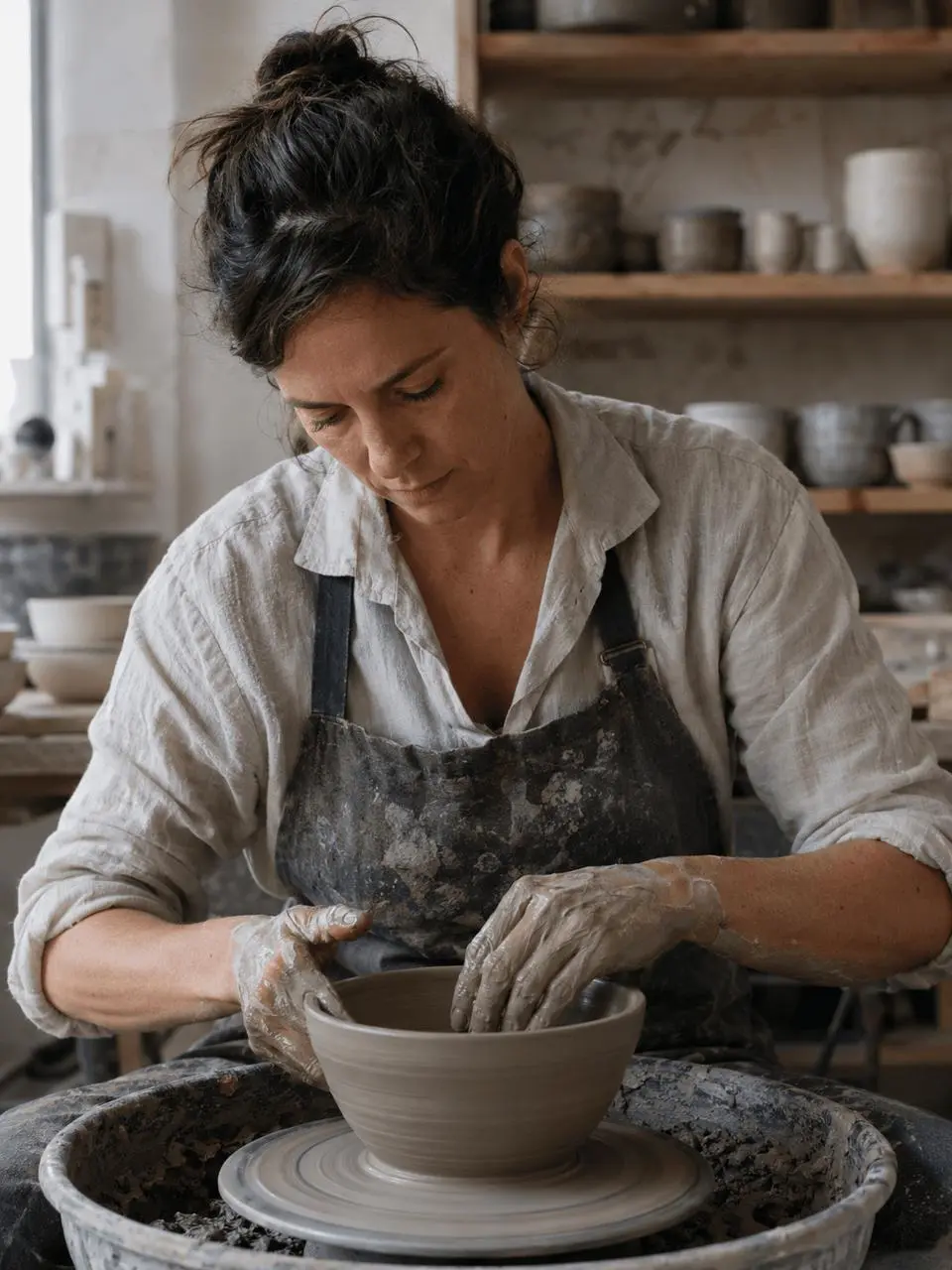 Candid editorial portrait of a ceramic artist shaping clay at a pottery wheel