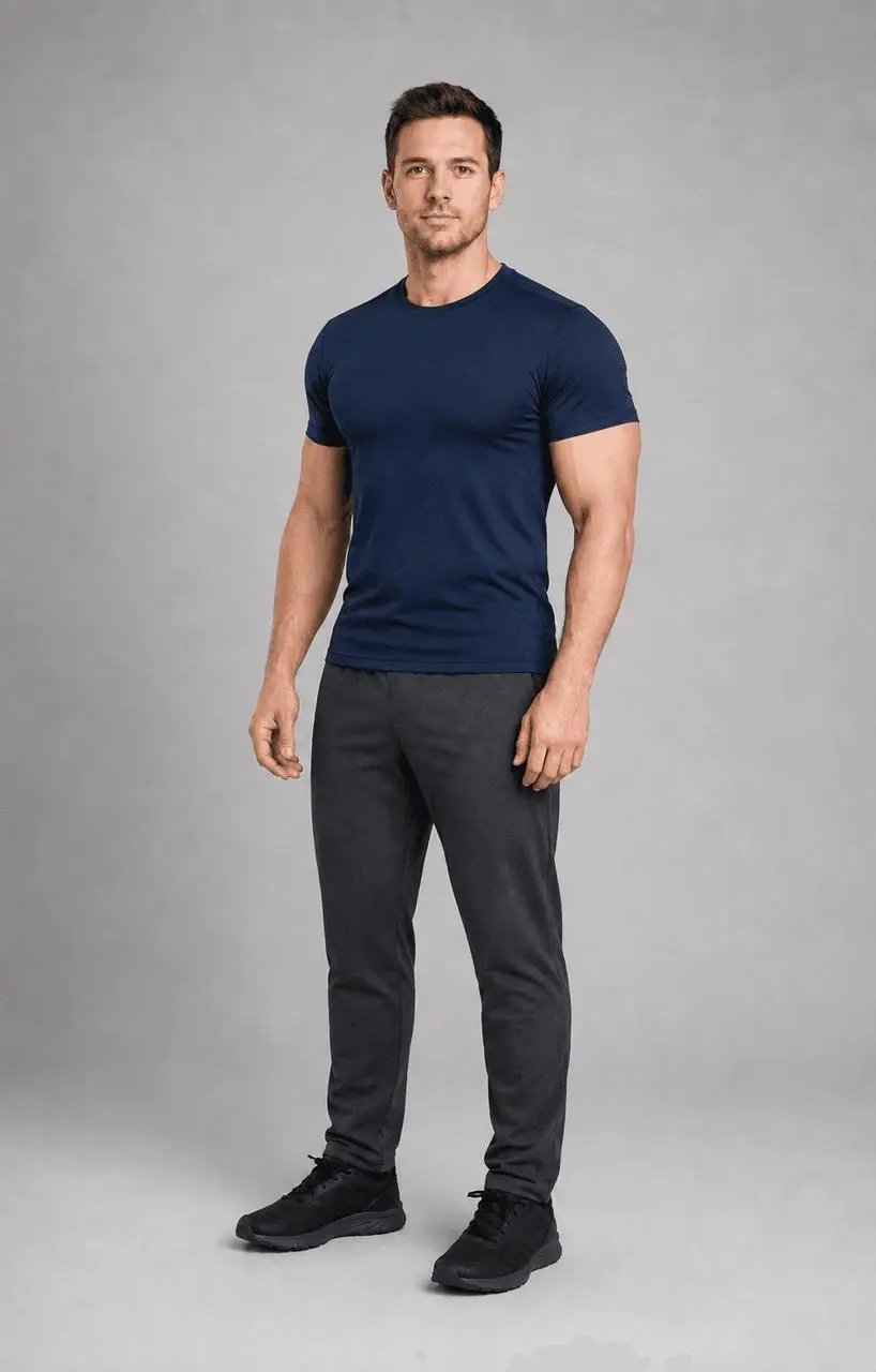 Fully clothed adult man after a realistic AI muscle expansion edit
