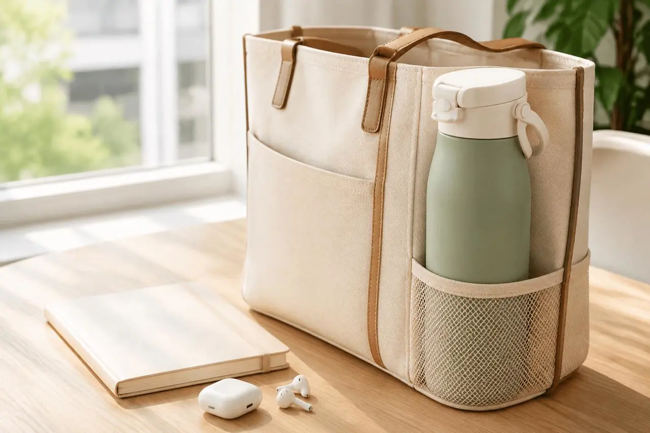 Shopify lifestyle product image showing the travel bottle in a commuter tote