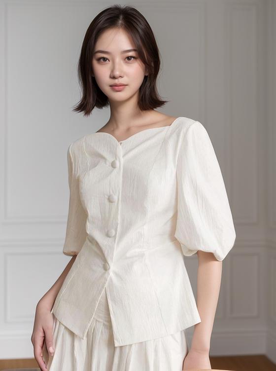 A Woman Poses Gracefully In An Elegant White Blouse Standing In A Stylish Minimalist Room