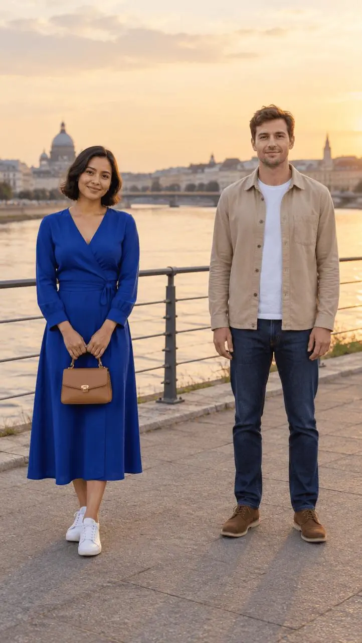 Synthetic two-person riverside photo before the breakup edit