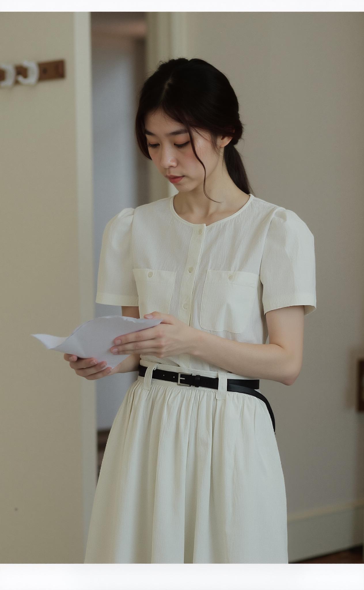A Woman Wearing A White Dress Stands Indoors Holding A Sheet Of Paper In A Softly Lit Room
