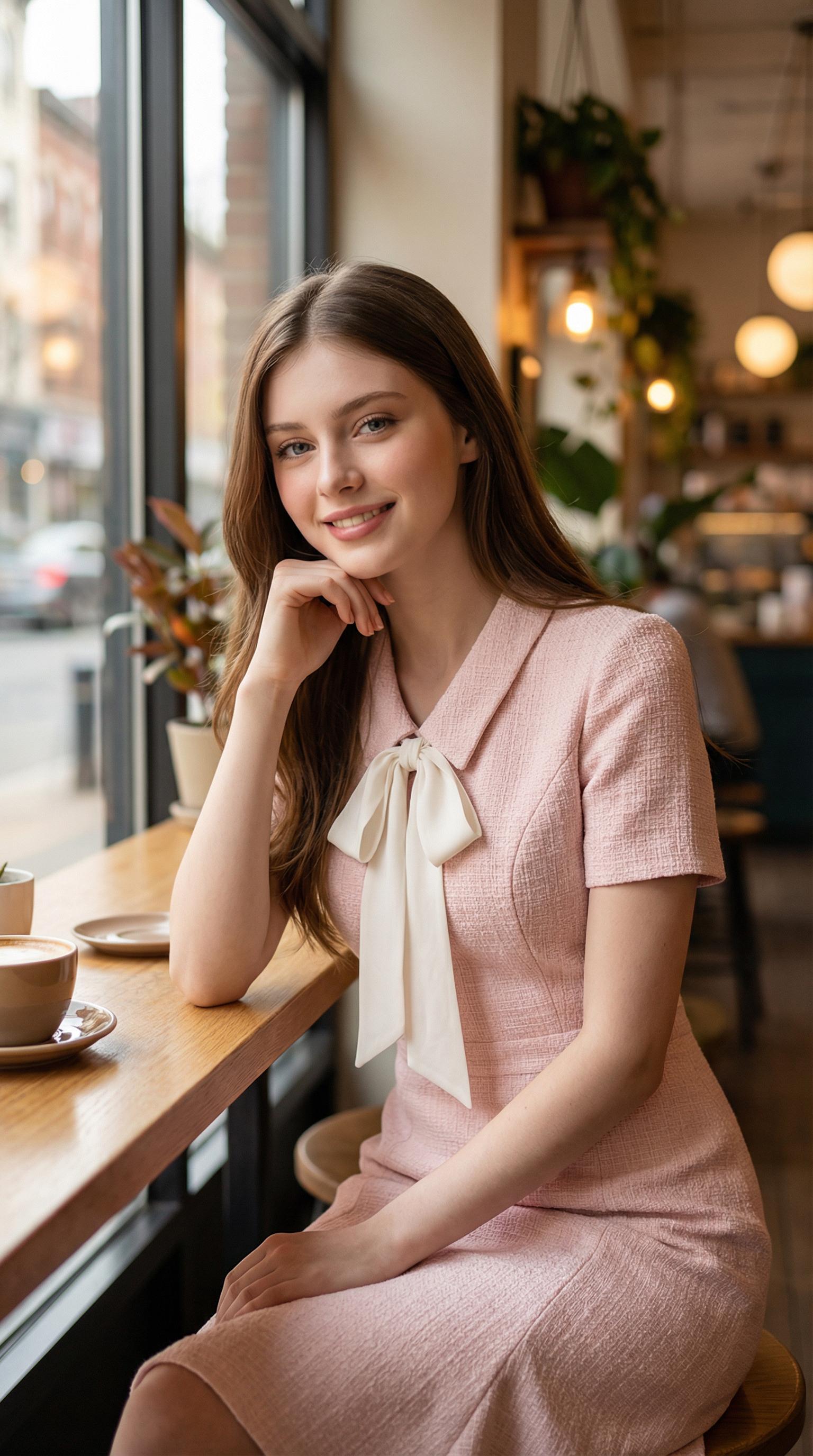 AI model in pink blouse smart casual office setting by weshop ai