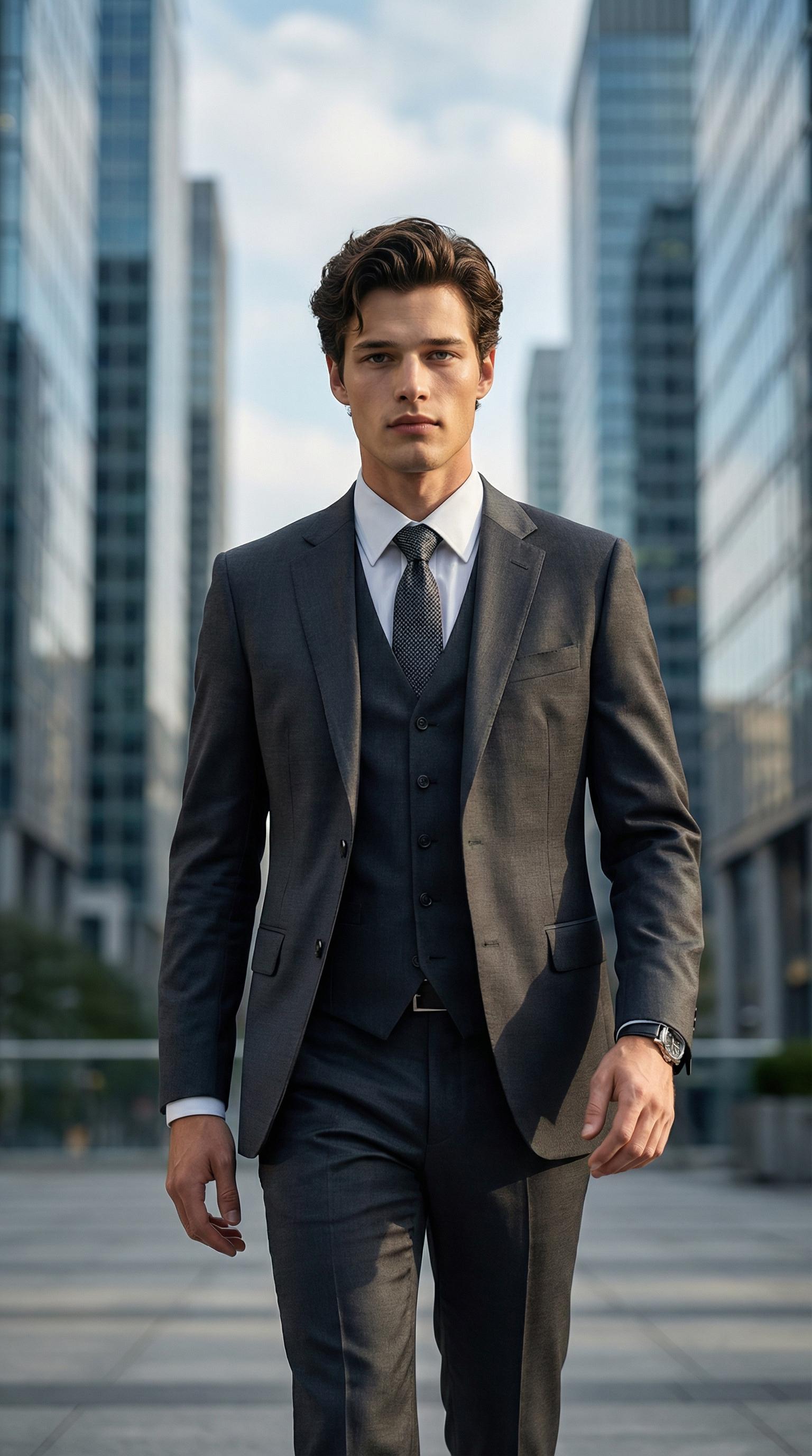 AI generated male model in sharp suit walking through modern lobby by WeShop AI