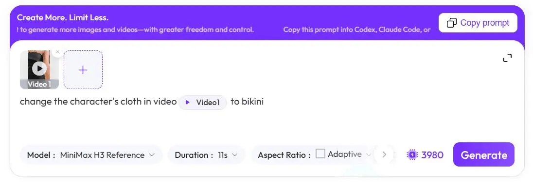 MiniMax H3 interface for uploading a source video and entering a bikini clothes-change prompt