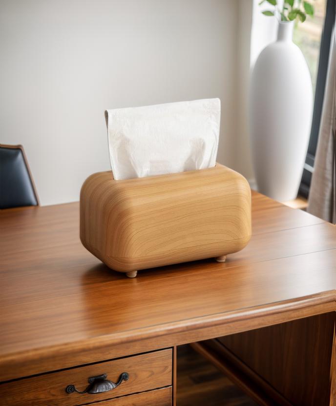 A Sleek Wooden Tissue Holder Adds A Touch Of Elegance To This Tidy Office Desk