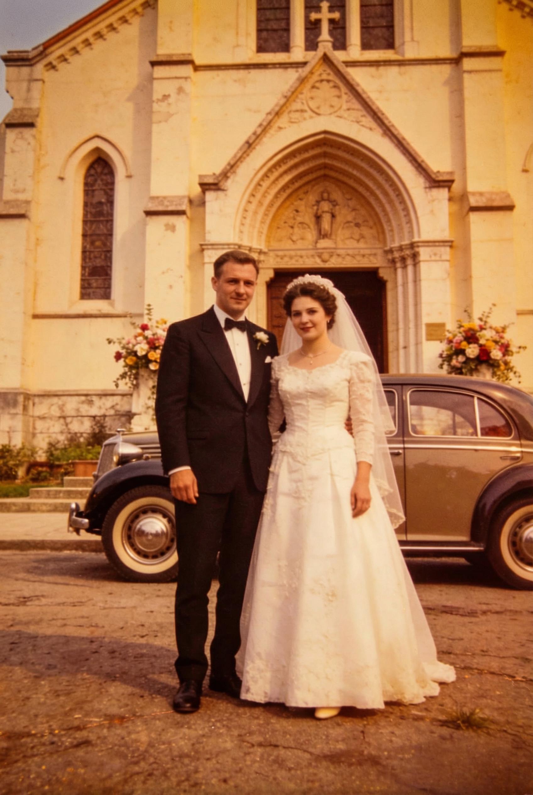 Wedding portrait after AI photo enhancement with restored veil and suit fabric detail by WeShop AI