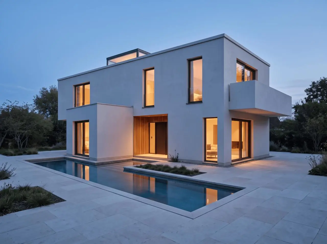 Blue-hour architectural render created by changing only the lighting of the daylight Nano Banana 2.1 result