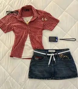 Red plaid short-sleeve shirt and denim mini skirt outfit reference