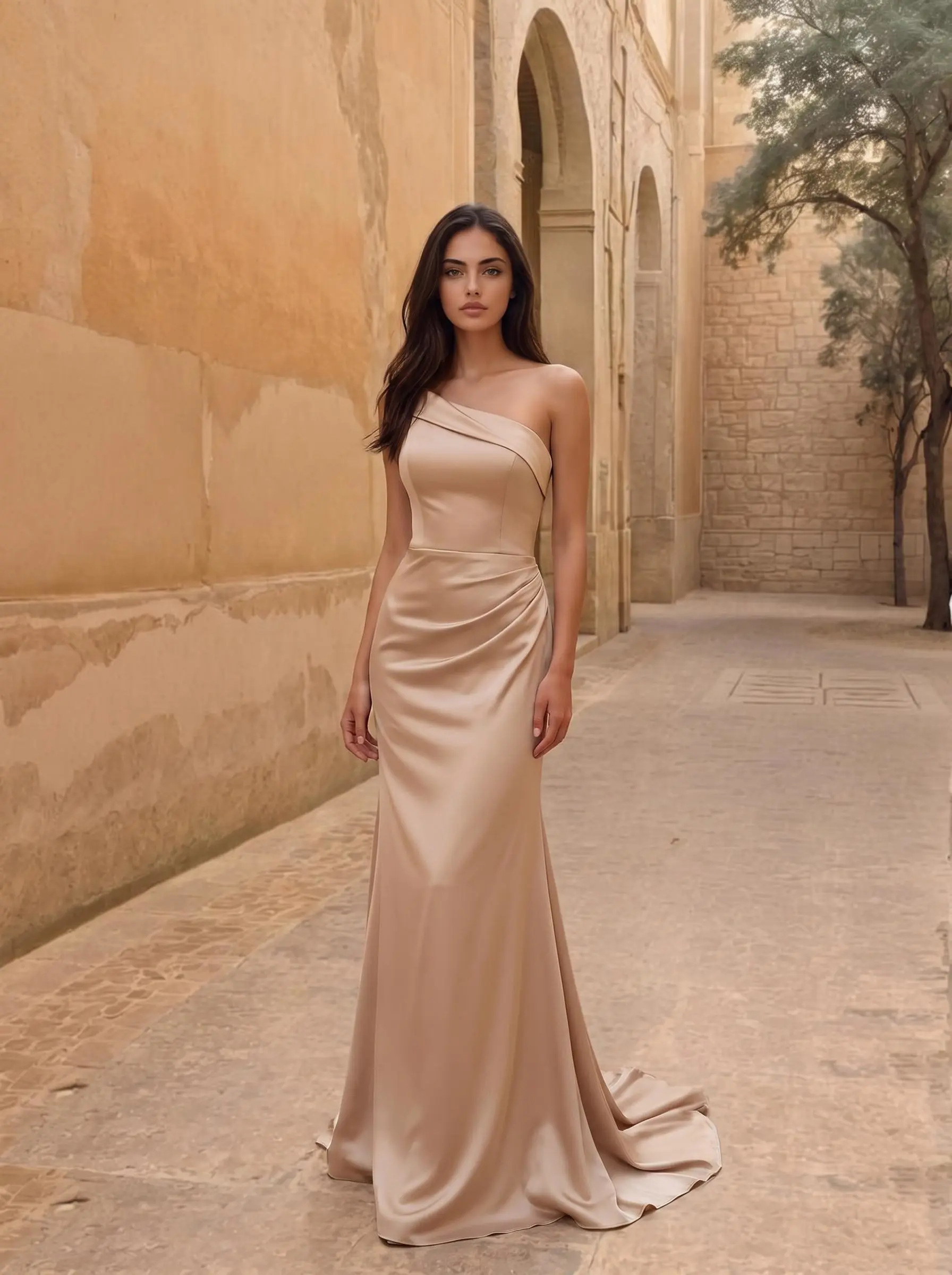 AI-generated female model wearing a champagne one-shoulder evening gown in a warm architectural walkway