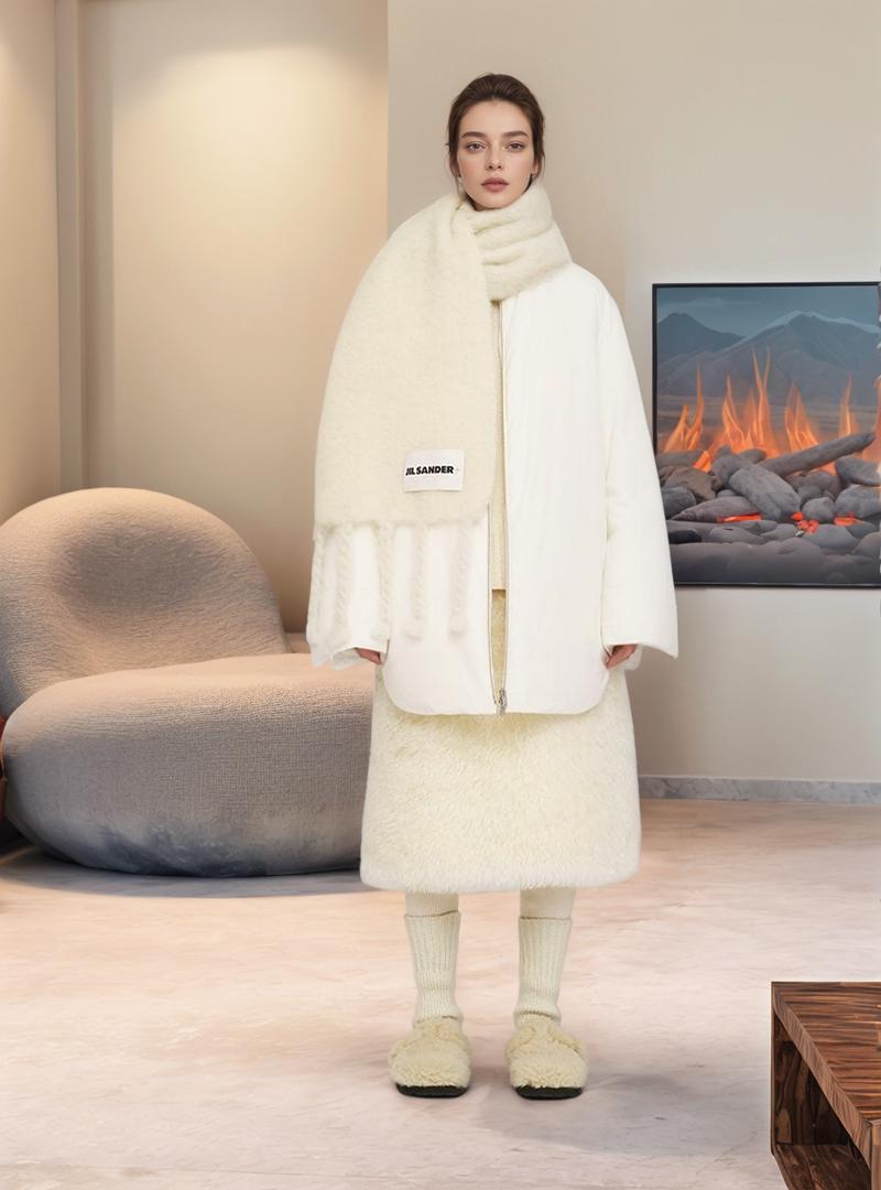 A Woman Dressed In Cozy High-Fashion Winter Wear Stands In A Modern Stylish Living Room Featuring A Contemporary Fireplace