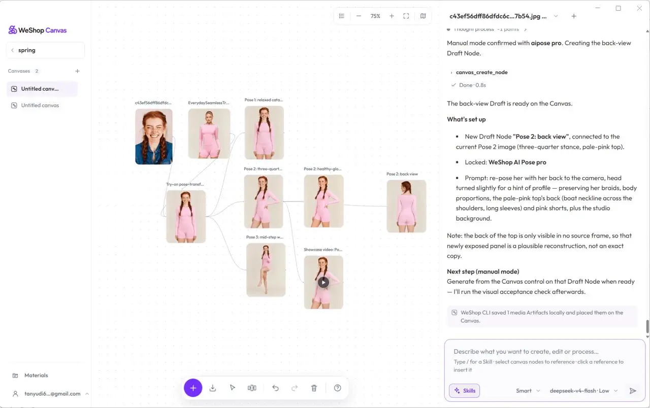 Completed WeShop Canvas with two inputs, a base image, three poses, two Skill results, and a video