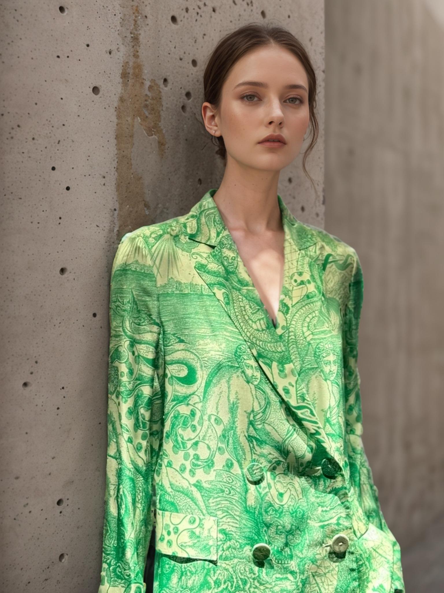 A Woman Stands Against A Concrete Wall Wearing A Vibrant Green Patterned Jacket