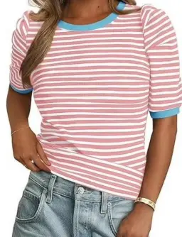 Pink and white striped short-sleeve top with blue trim