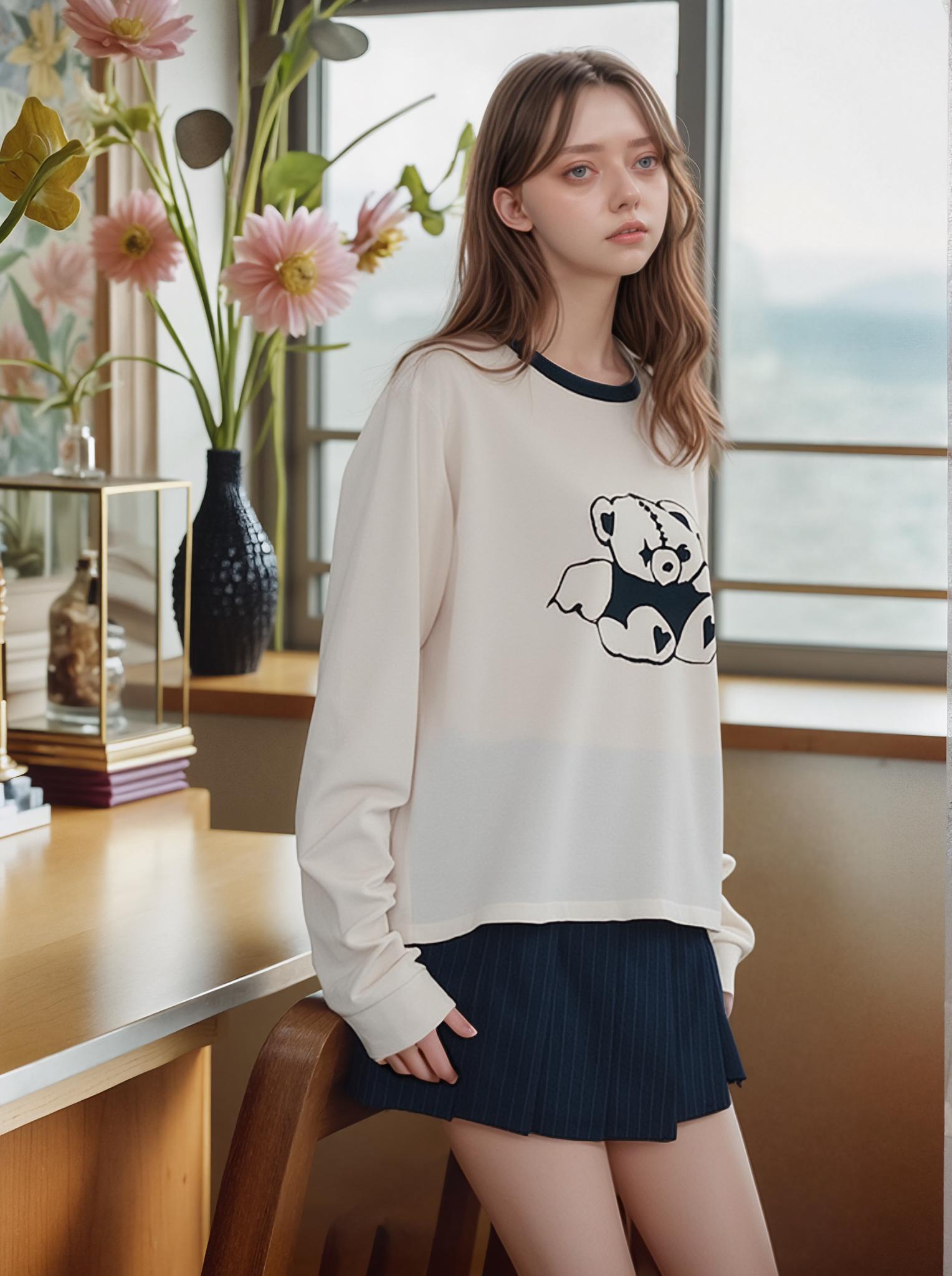 A Person In A Cozy Sweatshirt With A Panda Design Stands By A Wooden Table Adorned With Flowers Overlooking A Scenic Backdrop Through Large Windows